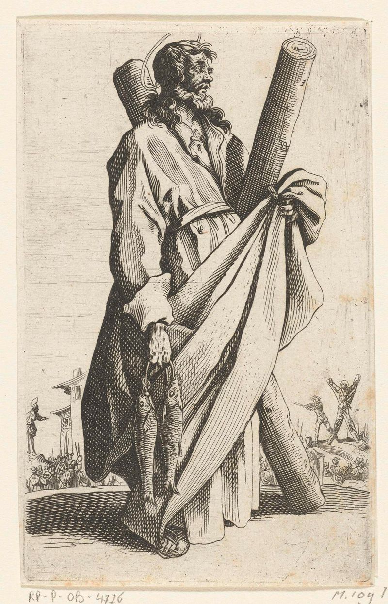 Gravura religiosa de Unknown Artist representando o Apóstolo André em ricos trajes e luz suave.