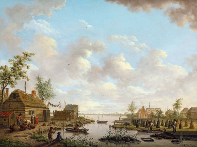 Landscape with fishermen and farmers extracting peat, oil painting by Hendrik Willem Schweickhardt