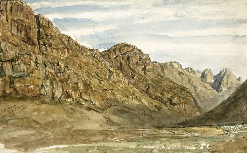 Rock Cliffs along the Romanche by Paul Huet, oil painting of rugged cliffs and a serene landscape.