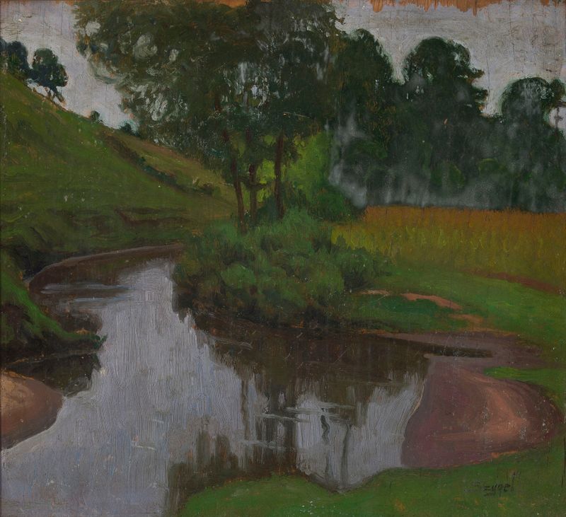Evening at the Rivulet, oil painting by Stanisław Szygell, depicting a tranquil river landscape at twilight.