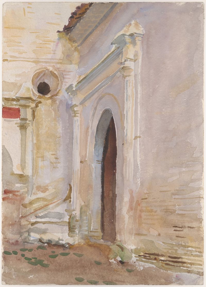 Arched Doorway de John Singer Sargent, pintura a óleo que retrata luz e sombra em um espaço interior.