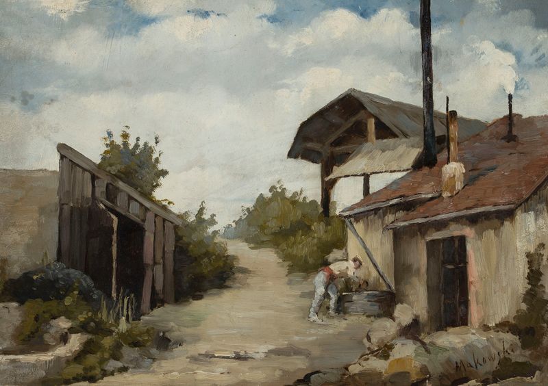 Landscape – Farmstead de Tadeusz Makowski, pintura a óleo que retrata uma cena tranquila de uma fazenda.