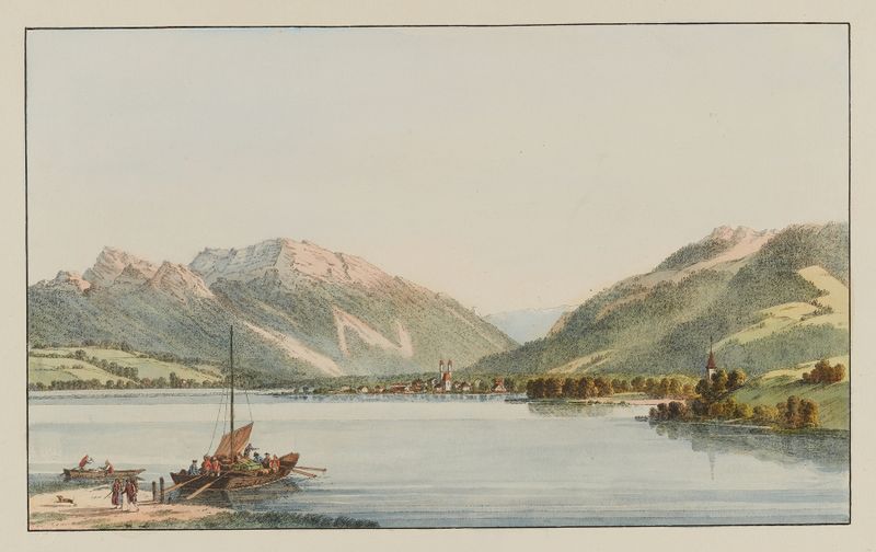 Paisaje de Vûe de Lachen, sur le lac de Zurich de Johann Jakob Biedermann, pintura al óleo
