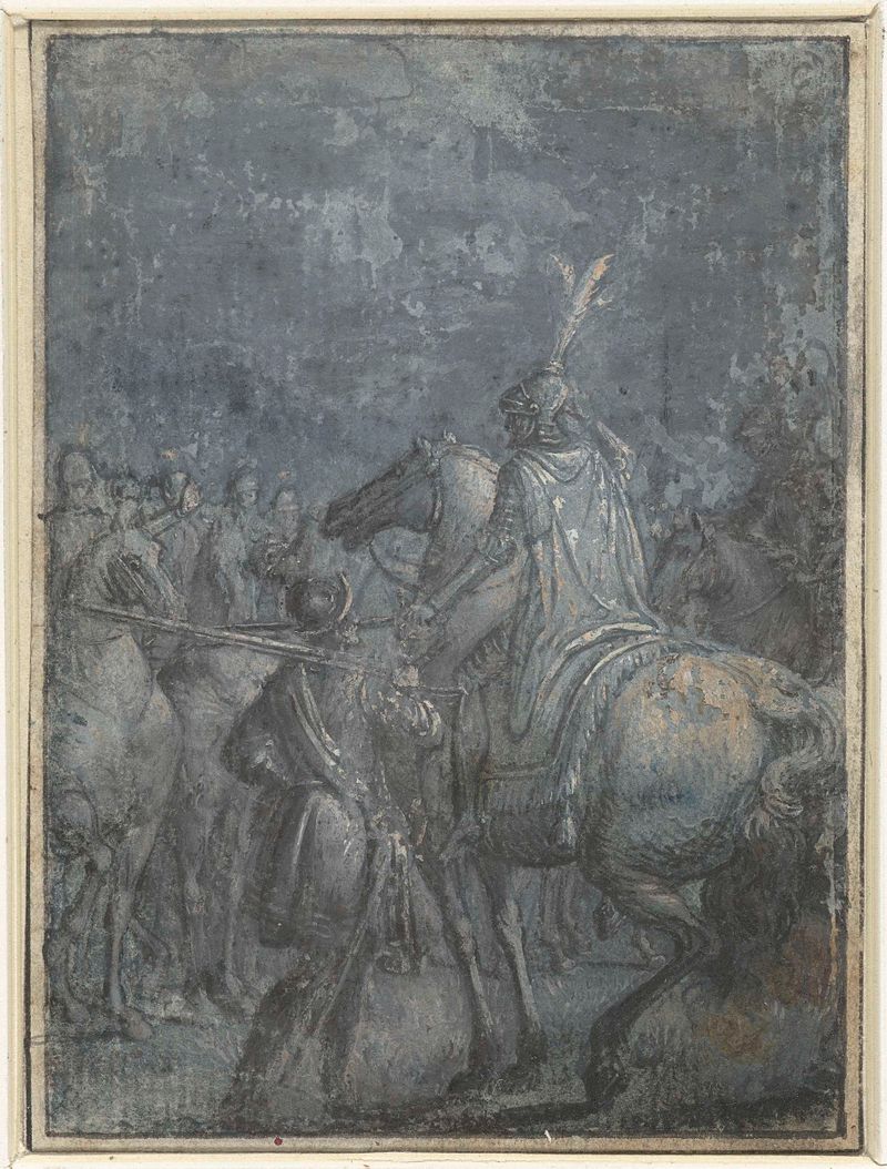 Historical oil painting by Joseph Werner depicting a horse rider with warriors.
