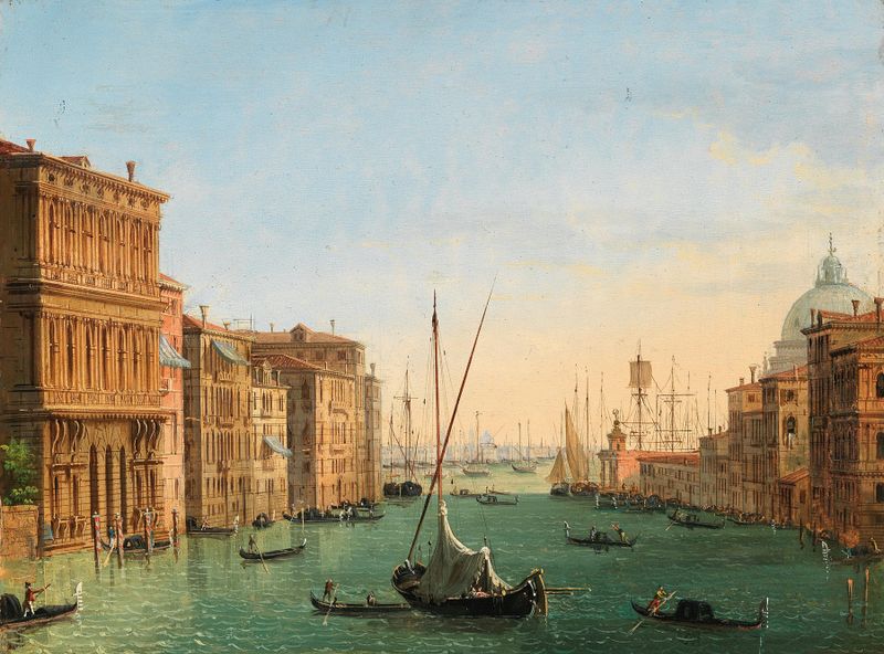 Venice, the Grand Canal by Giuseppe Borsato, oil on canvas, featuring elegant palazzos and reflections on water.