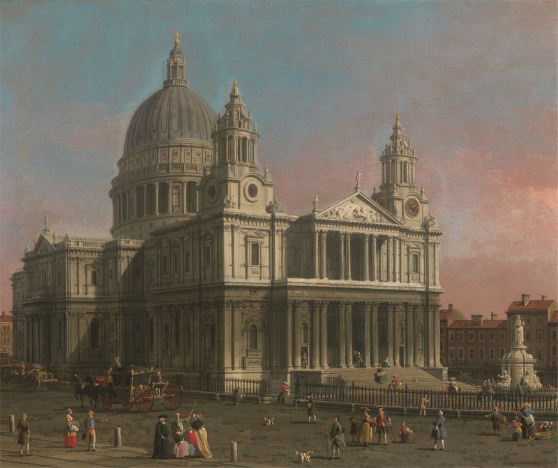 Catedral de São Paulo de Canaletto, óleo sobre tela, com uma grande cúpula e entalhes intrincados.