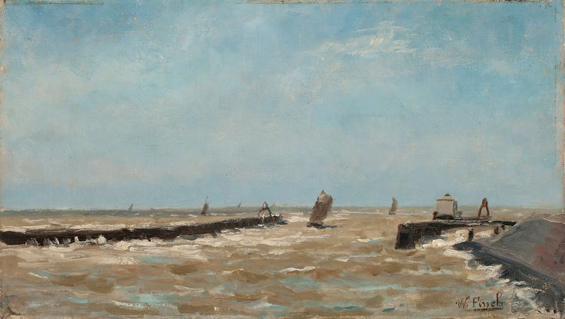 Oil on canvas by Alfred William Finch depicting a harbor at twilight.