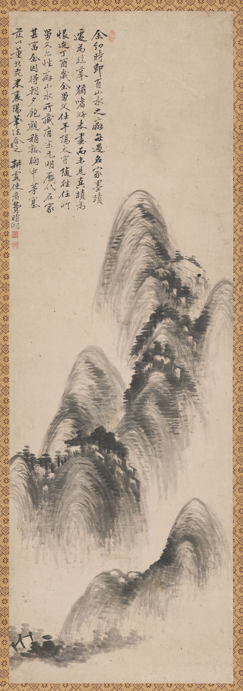 Paisaje de Fei Qinghu, tinta sobre papel, con colinas suaves y un río tranquilo.