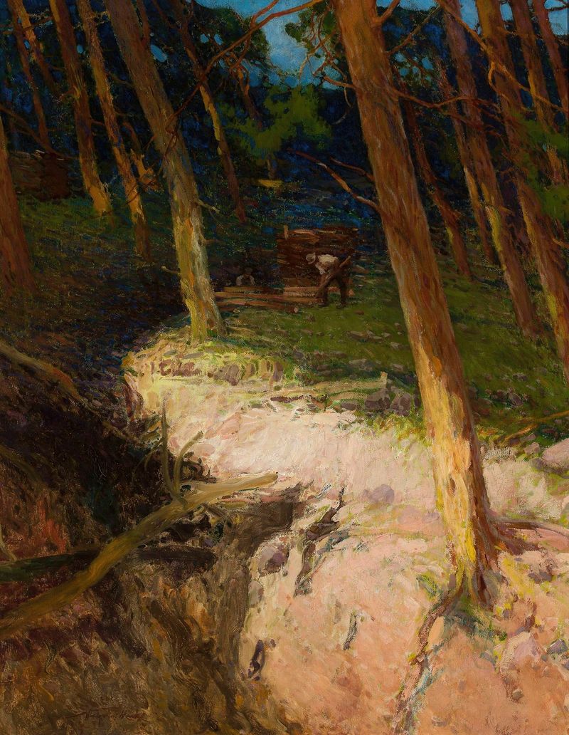 Landscape of a forest with vibrant greens and dappled sunlight by Władysław Wankie