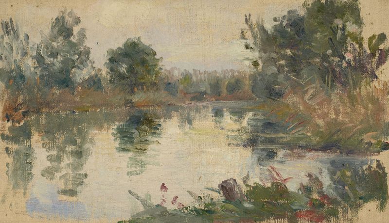 Oil painting of a tranquil lake scene by Jeanne Jegou-Cadart