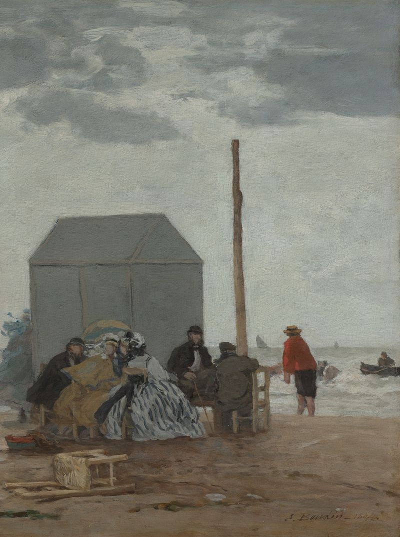 La Playa en Deauville de Eugène Boudin, óleo sobre lienzo que representa una escena de playa con figuras y parasoles.