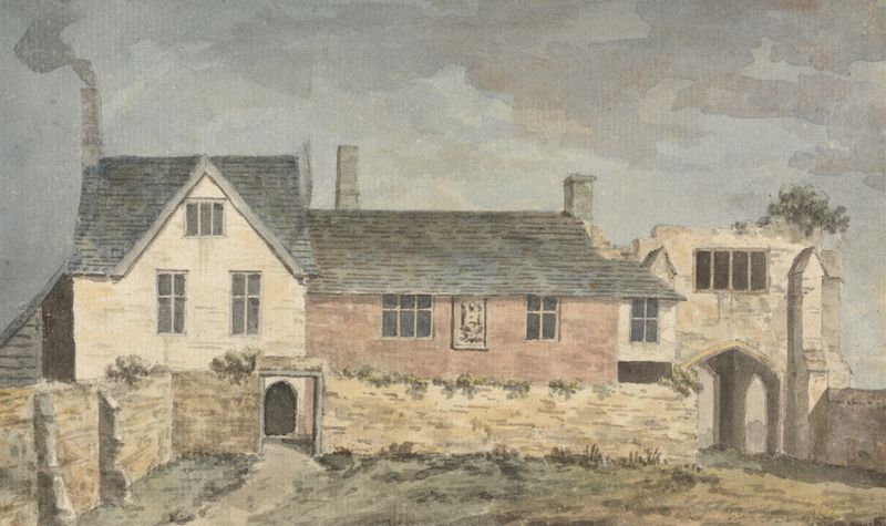 Inside of Castle Gate, óleo sobre lienzo de John Inigo Richards, que representa un arco de castillo y paisaje.