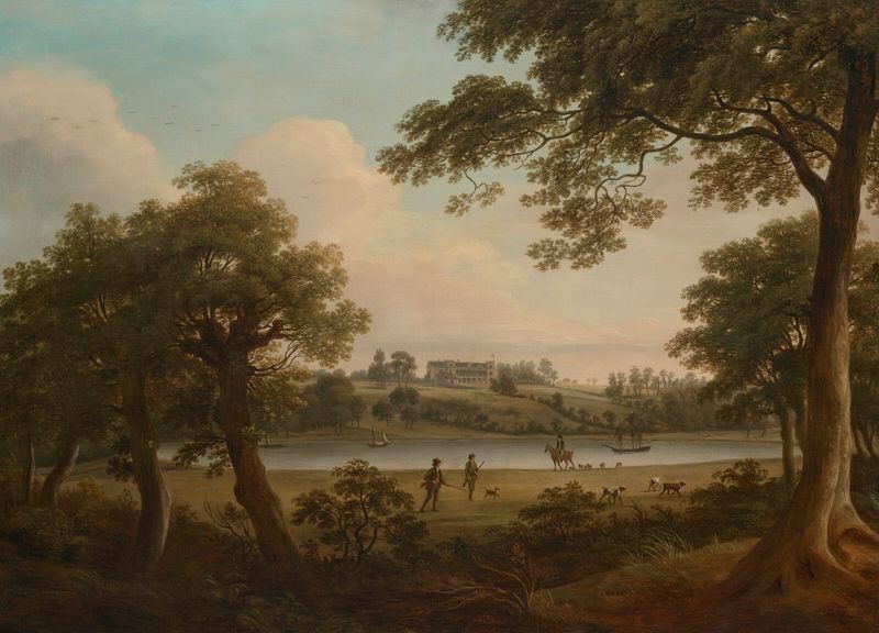 Sportsmen in a wooded river landscape, oil on canvas by William Ashford