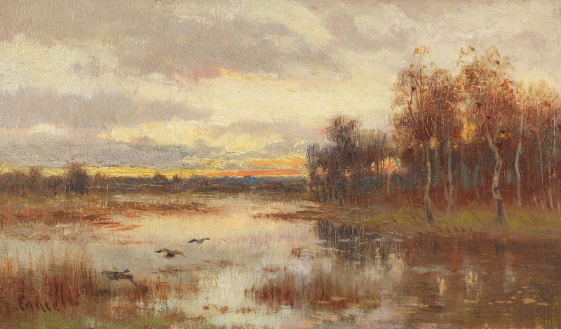 Pintura a óleo de paisagem de Marie Egner mostrando um pântano ao crepúsculo.