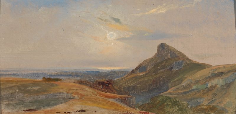 Pintura al óleo de William James Müller que muestra colinas onduladas bajo un cielo nublado