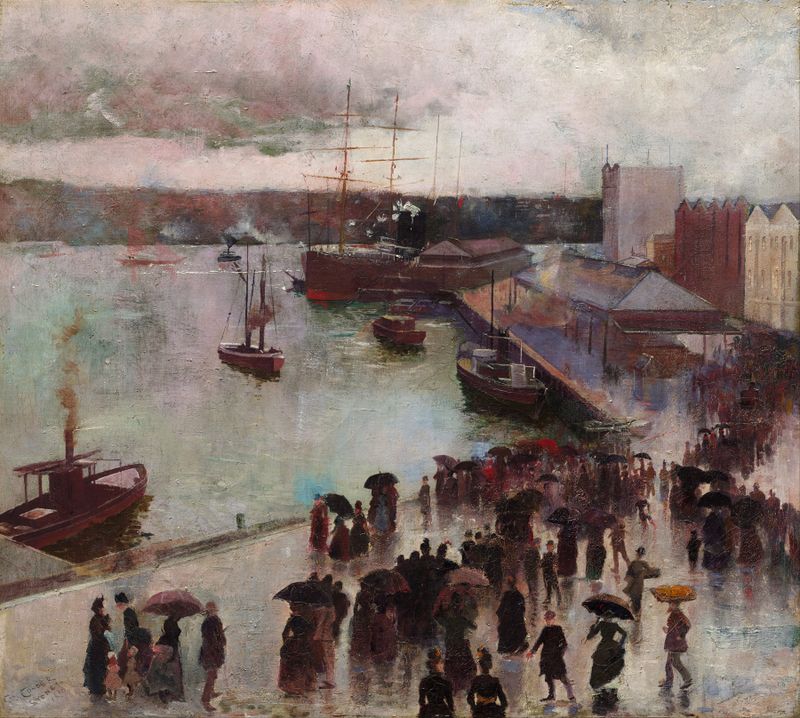 Pintura al óleo de Charles Conder que representa un atardecer sobre un barco en el muelle.