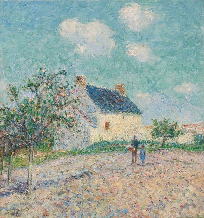 Pommiers En Fleur by Gustave Loiseau, oil painting featuring cherry blossoms and sunlight.