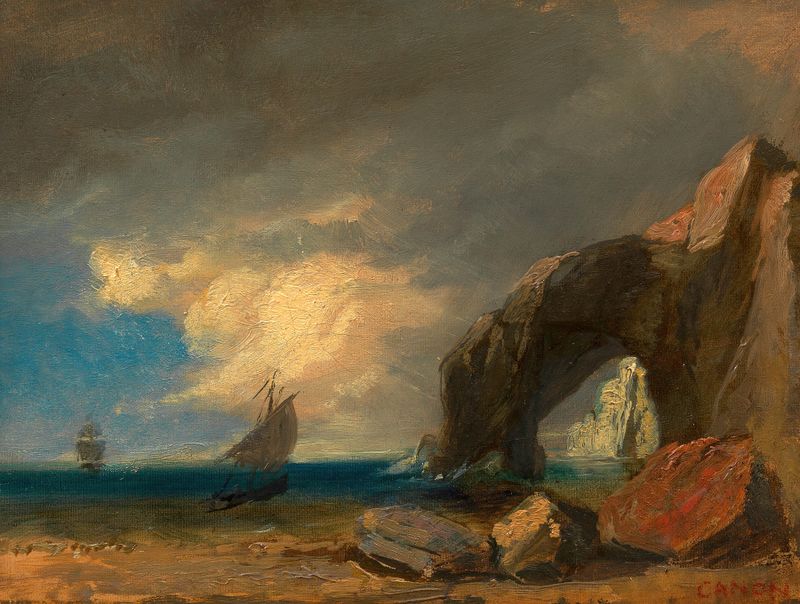 Paisagem marinha com barcos de pesca, óleo sobre tela de Hans Canon