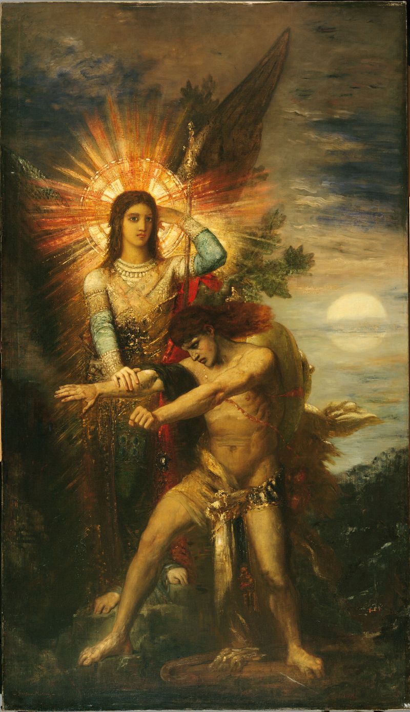 Jacob and the Angel, oil on canvas by Gustave Moreau