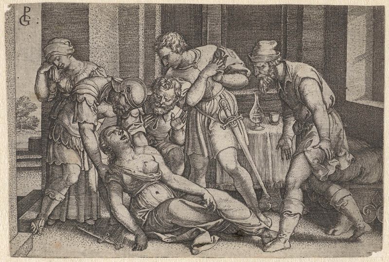 Gravura de Georg Pencz mostrando Collatinus e Brutus no leito de morte de Lucrécia.