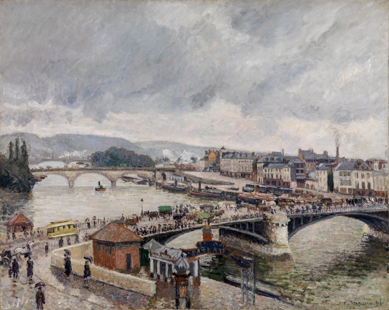 Blick auf die Grosse Brücke zu Rouen bei Regenstimmung de Camille Pissarro, pintura a óleo que retrata uma paisagem chuvosa.