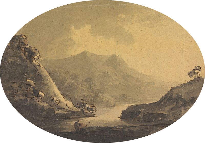 Paisagem com Pescador de William Gilpin, óleo sobre tela mostrando um pescador ao lado de um rio.