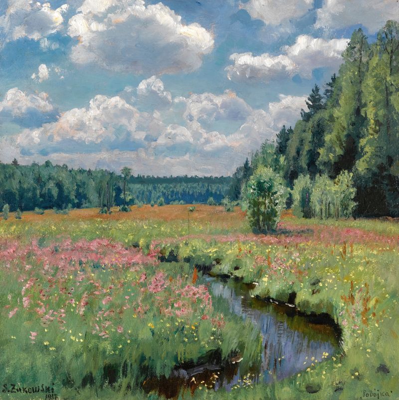 Impressionist landscape depicting a summer meadow by Stanislav Yulianovich Zhukovsky