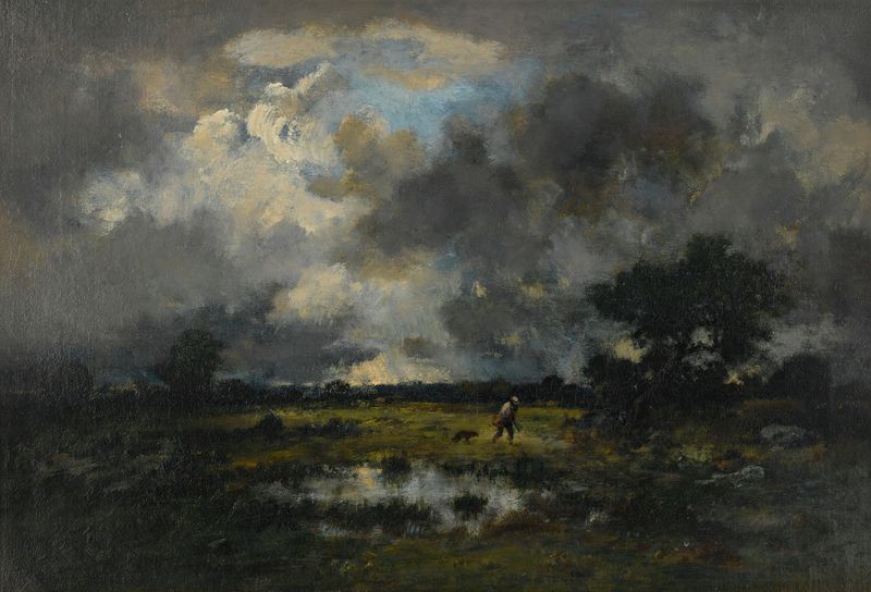 L’orage de Narcisse-Virgile Diaz de La Peña, pintura a óleo que retrata uma paisagem tempestuosa com luz dourada.